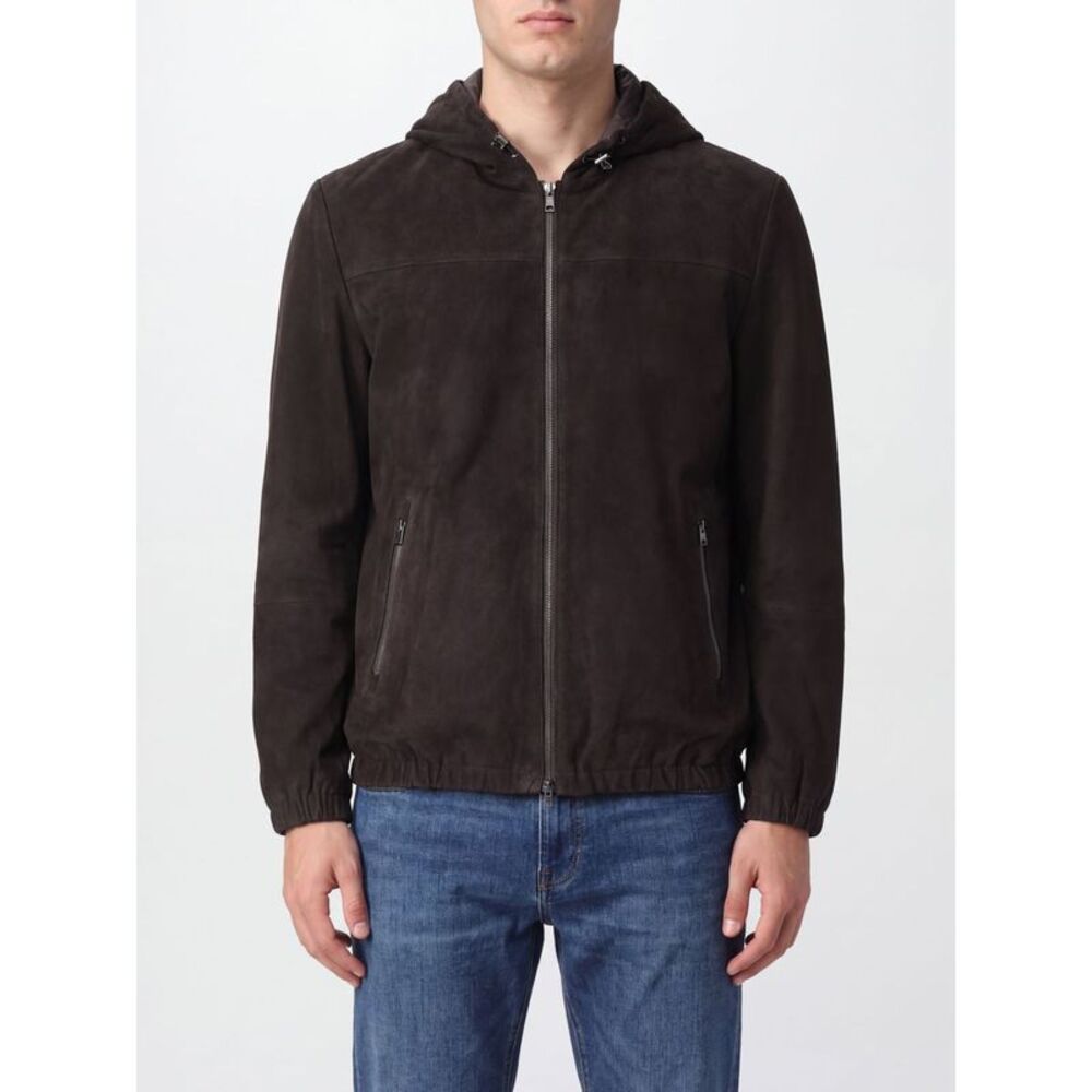 Herno Men Hooded Suede Sheepskin Leather Jacket Herno With Zip Closure